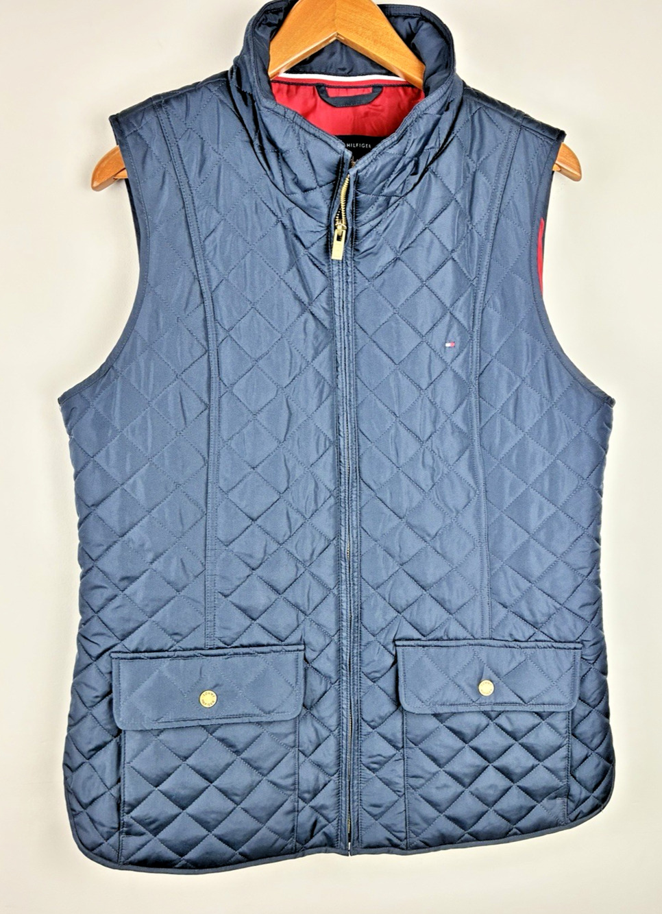 Tommy Hilfiger Women’s Large Navy Quilted Vest Preppy Full Zip Gold Hardware